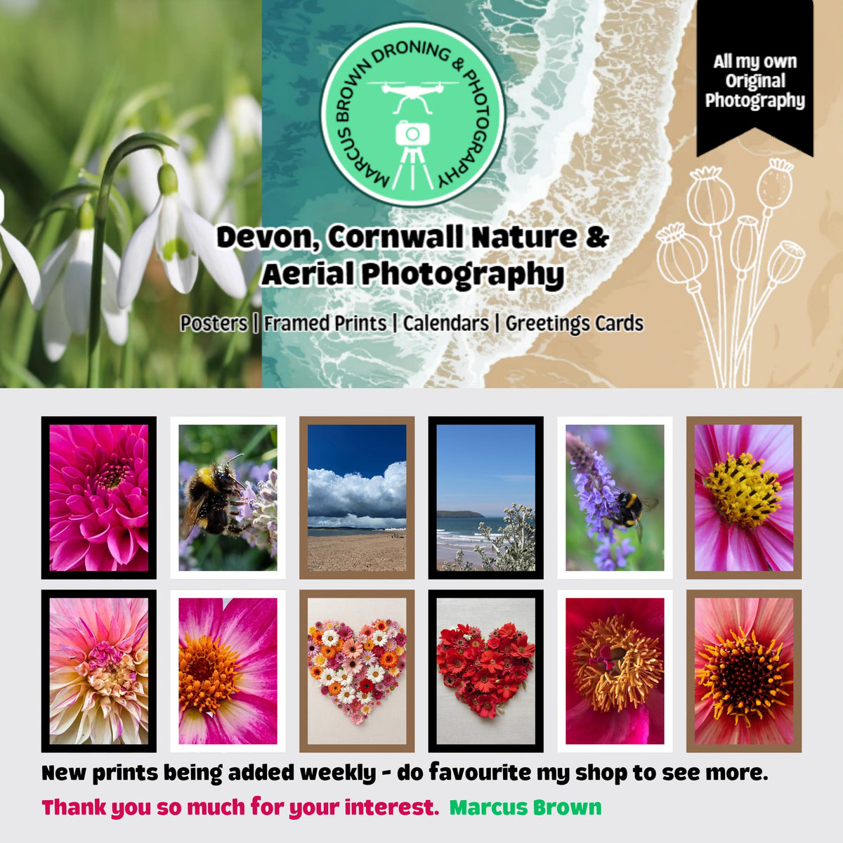 The image is a promotional poster for a photography business called "Devon, Cornwall Nature & Aerial Photography". It features a collage of various floral and nature-themed images, including flowers, plants, and landscapes. The text on the poster highlights the business's focus on aerial photography and offers new prints being added weekly, encouraging customers to visit the shop to see more. The poster also expresses gratitude to customers for their interest in the business.