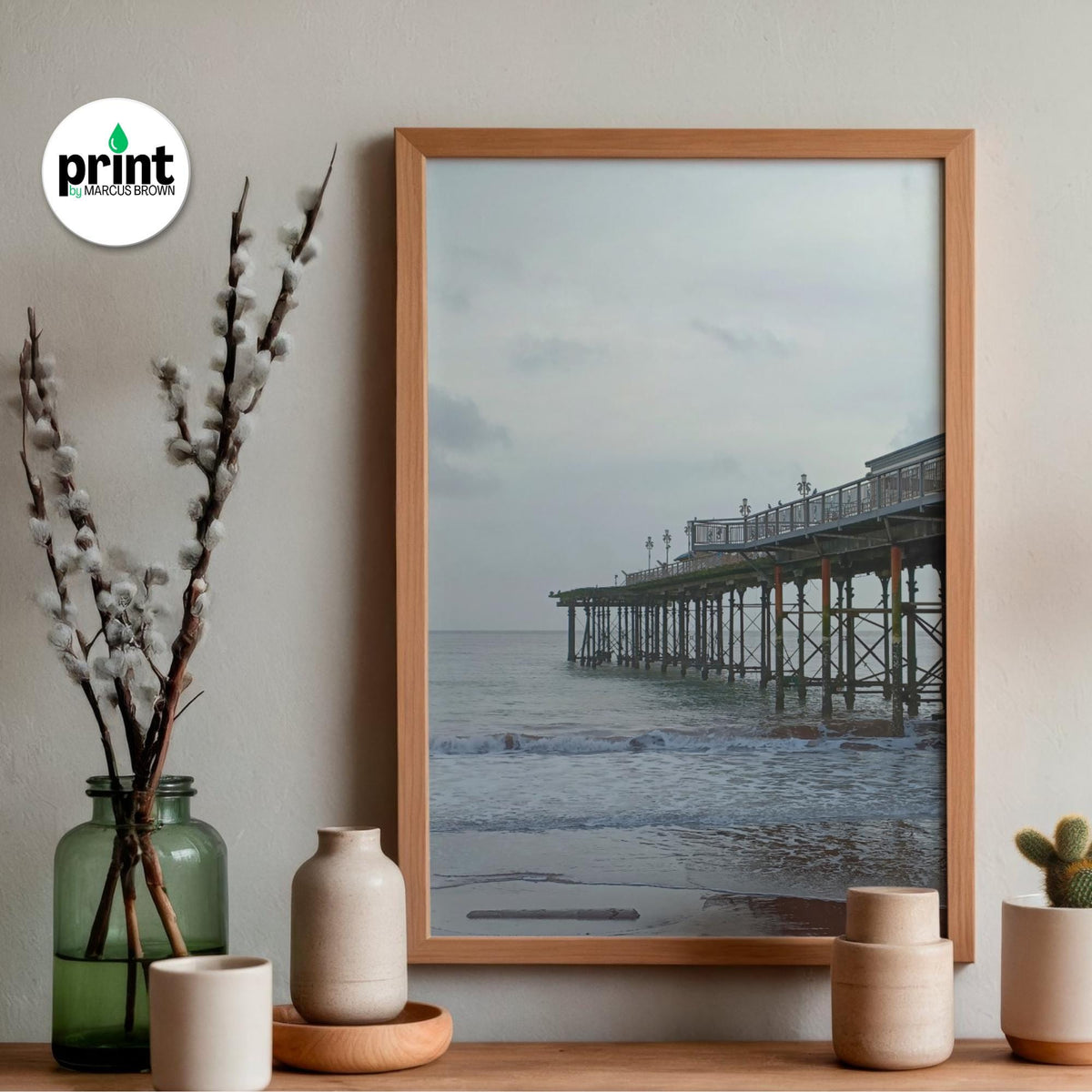 Teignmouth Pier Wall Art: Devon Seaside Poster (Oak, White, Black Frames)