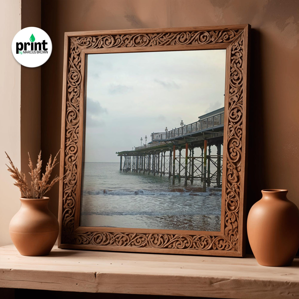 Teignmouth Pier Wall Art: Devon Seaside Poster (Oak, White, Black Frames)