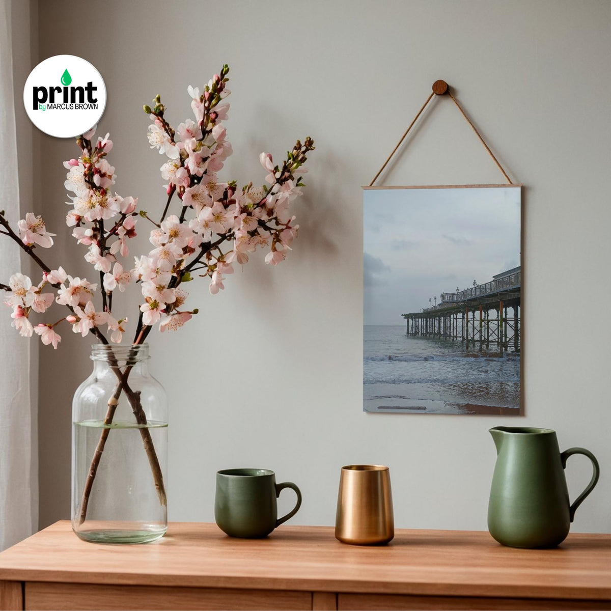 Teignmouth Pier Wall Art: Devon Seaside Poster (Oak, White, Black Frames)