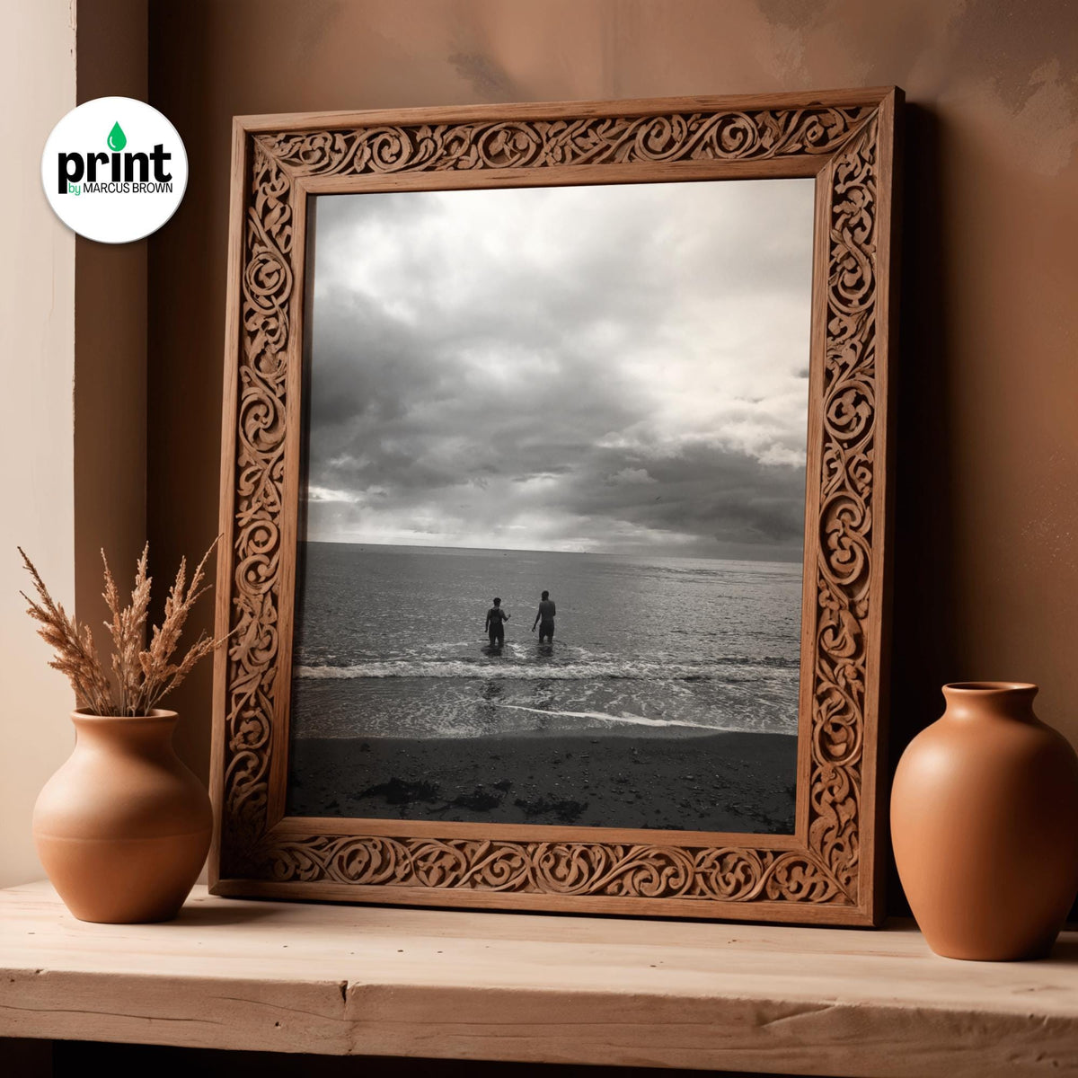 Devon Beach Poster, Black and White Let's Swim (Framed or Unframed)