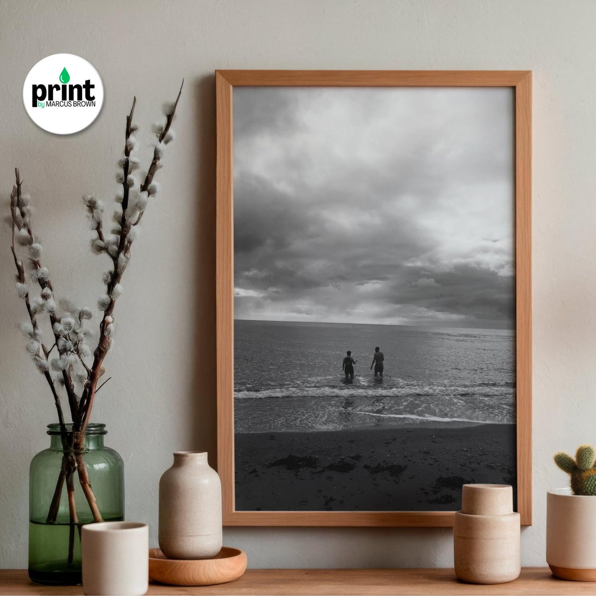 Devon Beach Poster, Black and White Let's Swim (Framed or Unframed)