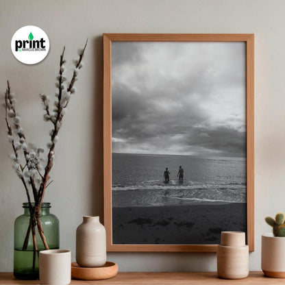 Devon Beach Poster, Black and White Let's Swim (Framed or Unframed)
