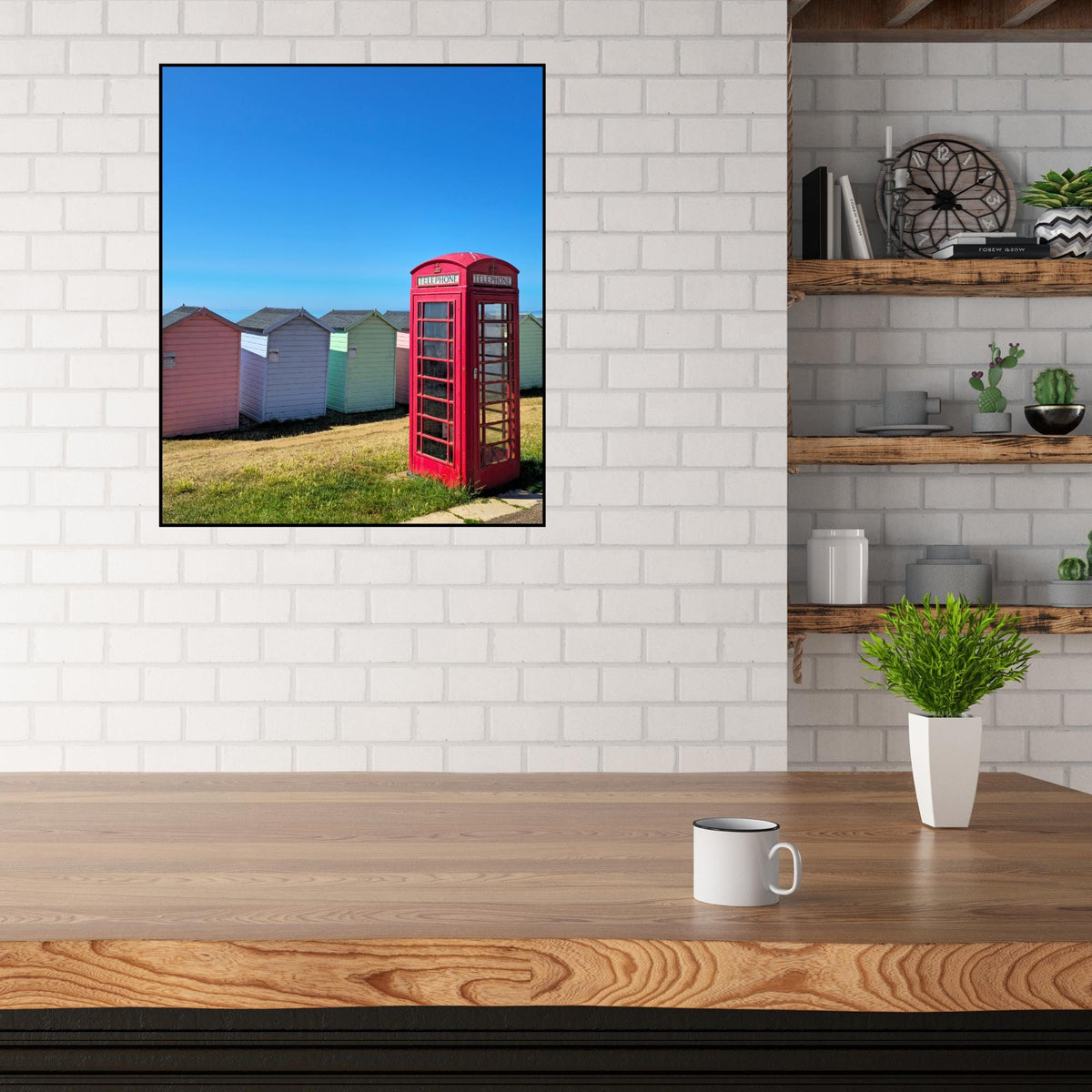 Red Phonebox and Beach Huts Poster: Devon Coastal Wall Art