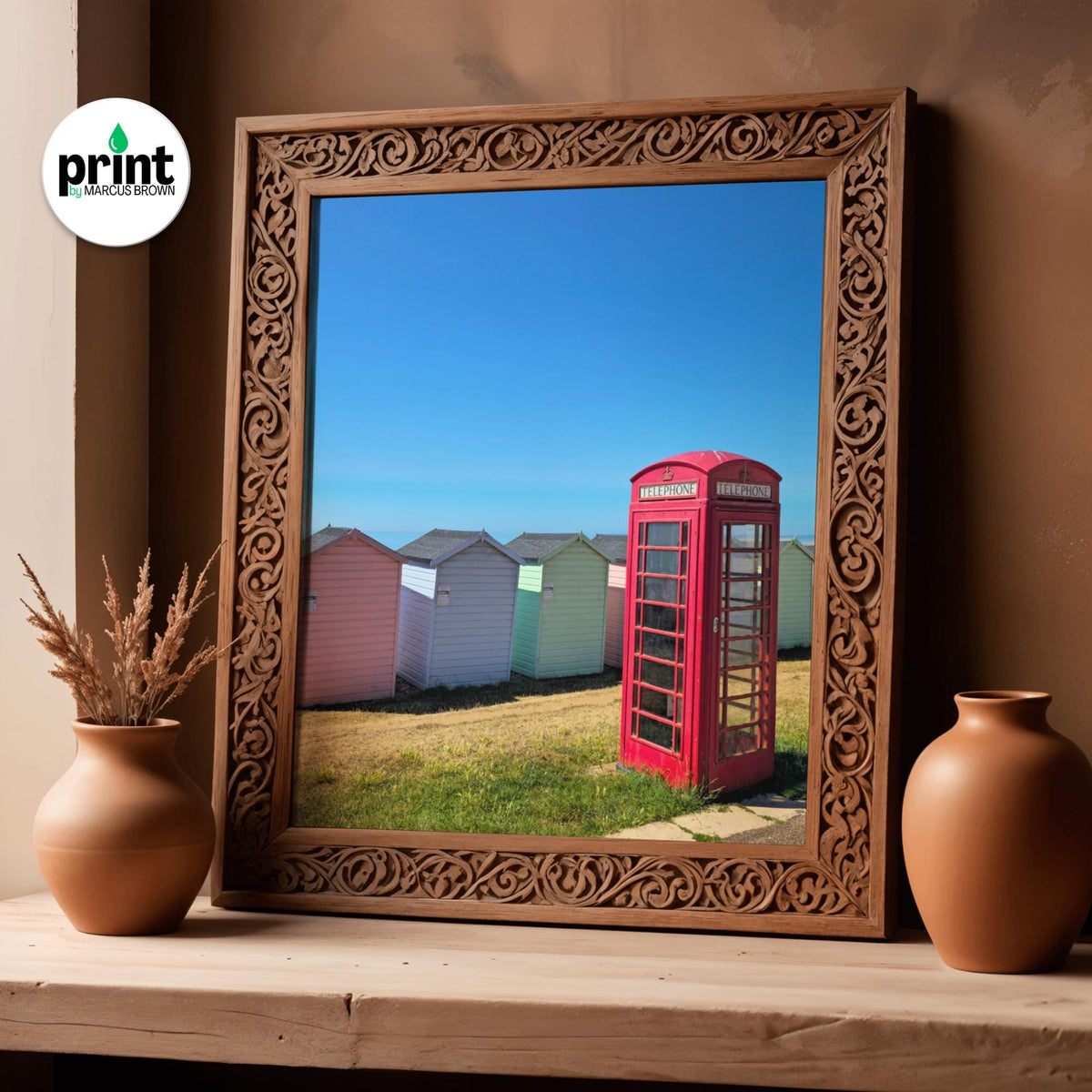 Red Phonebox and Beach Huts Poster: Devon Coastal Wall Art