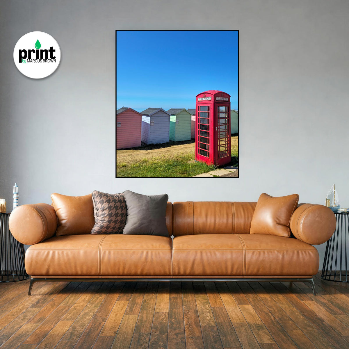 Red Phonebox and Beach Huts Poster: Devon Coastal Wall Art