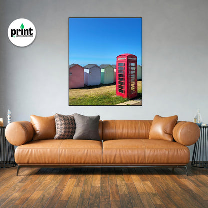 Red Phonebox and Beach Huts Poster: Devon Coastal Wall Art
