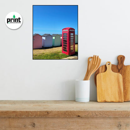 Red Phonebox and Beach Huts Poster: Devon Coastal Wall Art