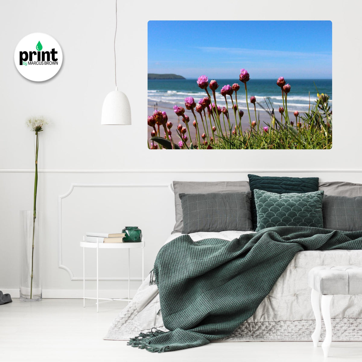 Cornwall Sea View Poster, Ragwort and Coastal Flowers (Multiple Sizes)