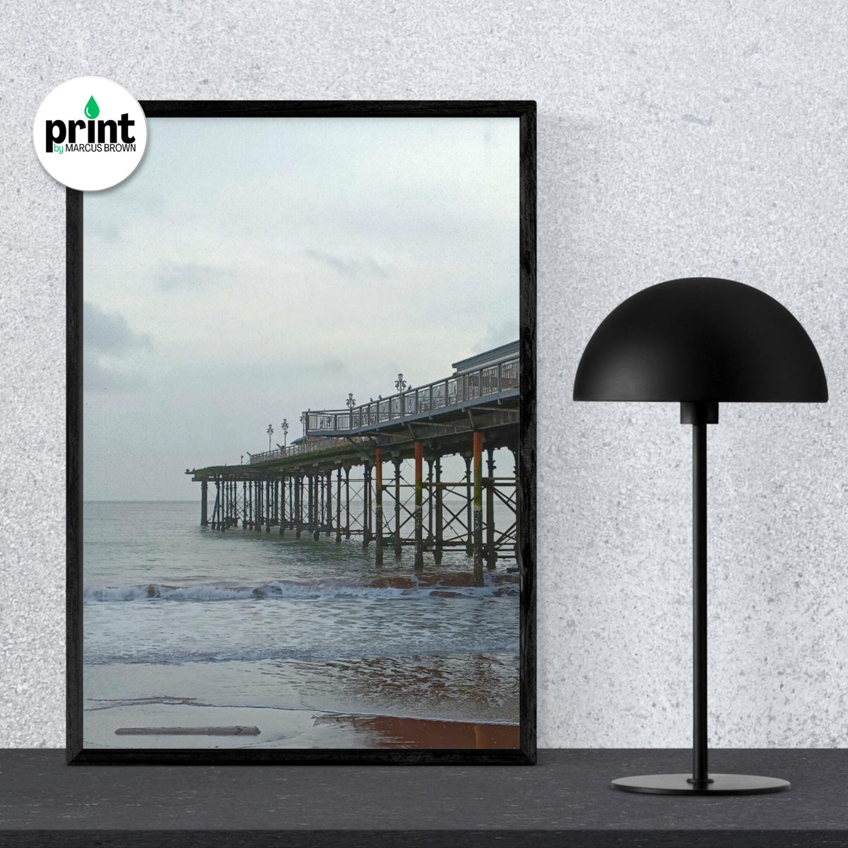 Teignmouth Pier Wall Art: Devon Seaside Poster (Oak, White, Black Frames)