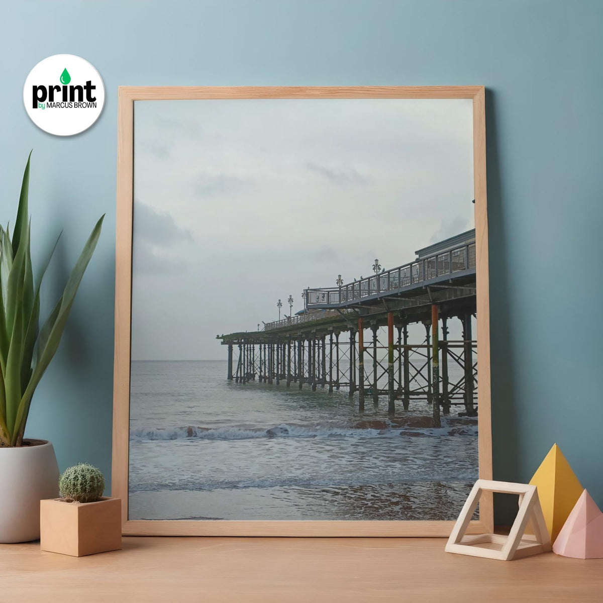 Teignmouth Pier Wall Art: Devon Seaside Poster (Oak, White, Black Frames)