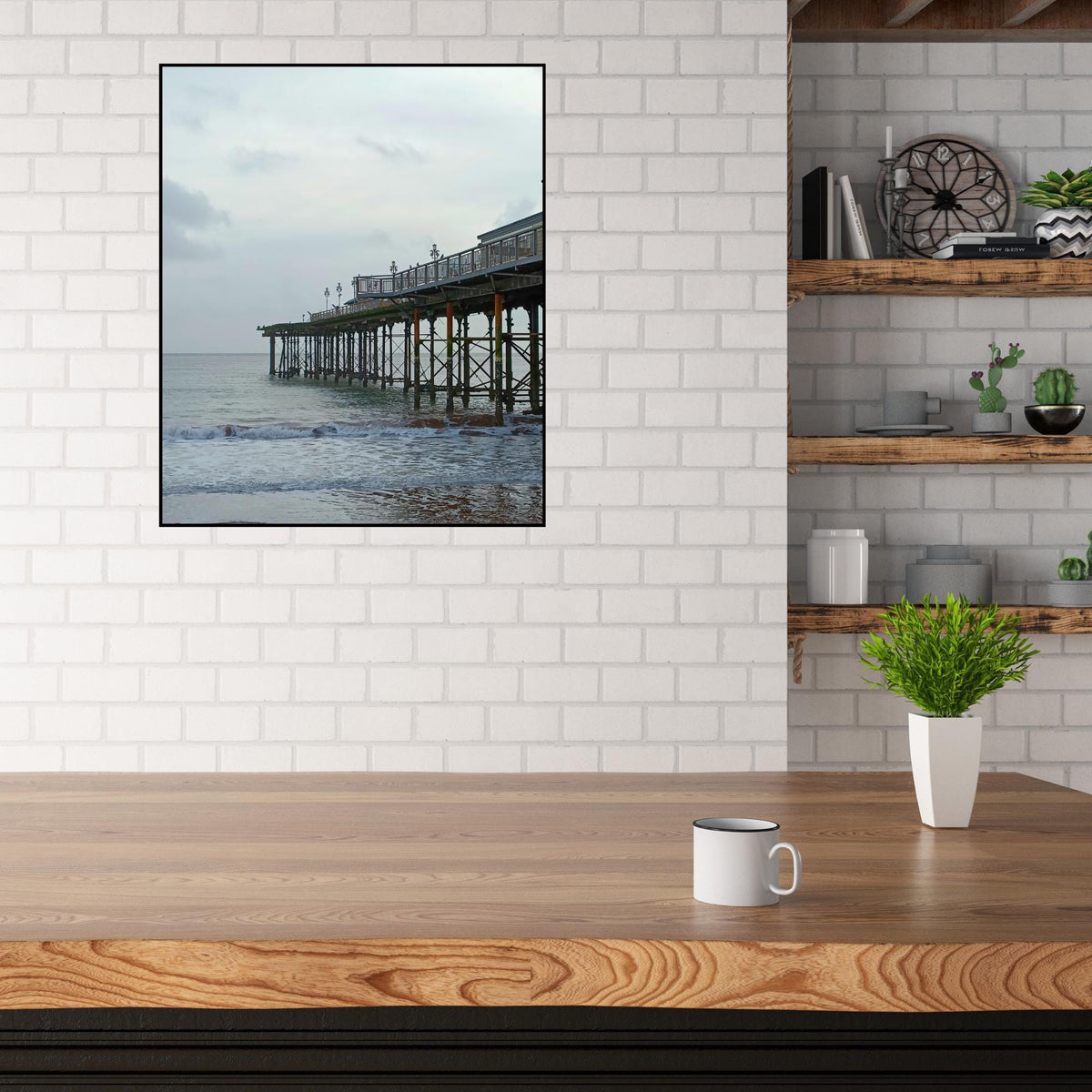 Teignmouth Pier Wall Art: Devon Seaside Poster (Oak, White, Black Frames)