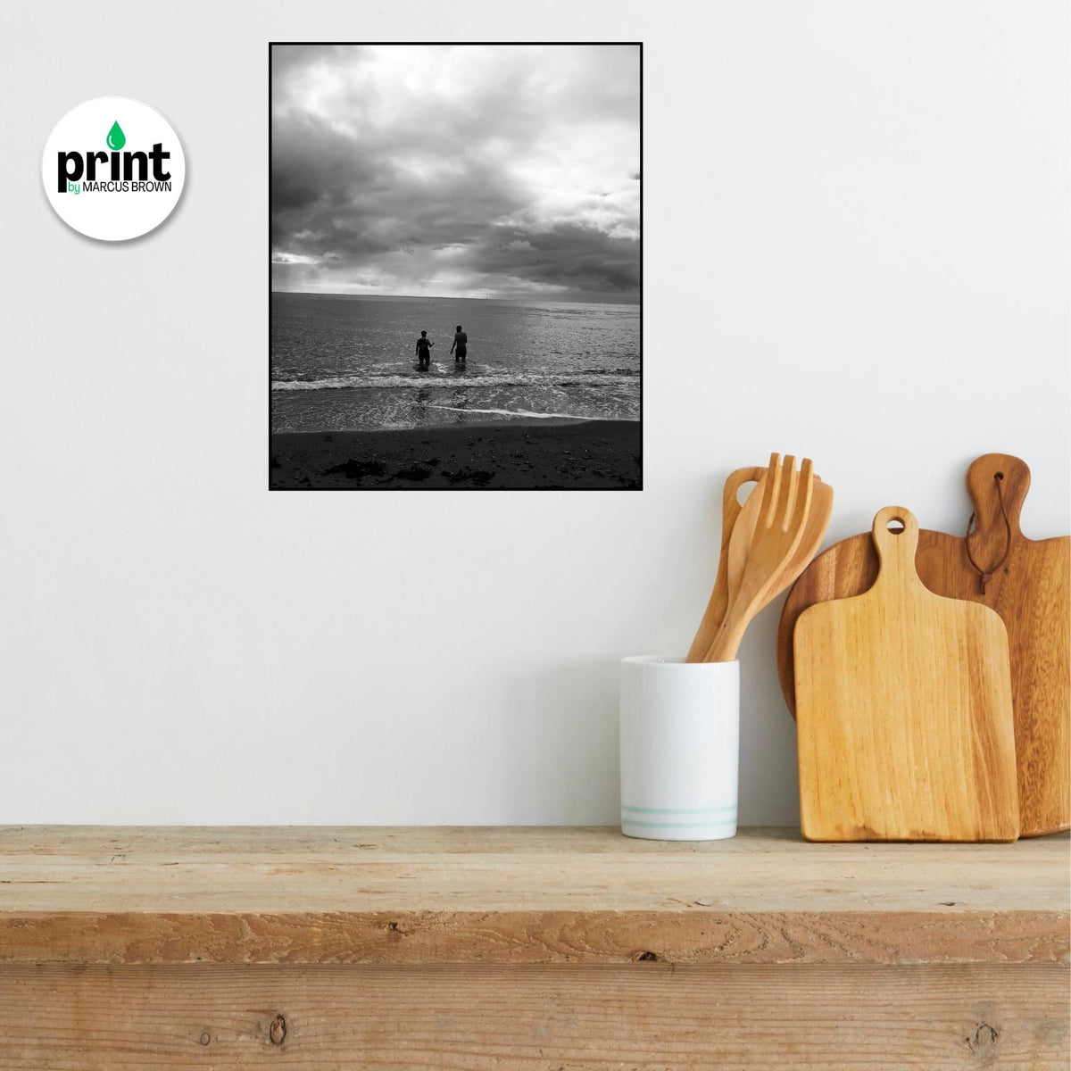 Devon Beach Poster, Black and White Let's Swim (Framed or Unframed)