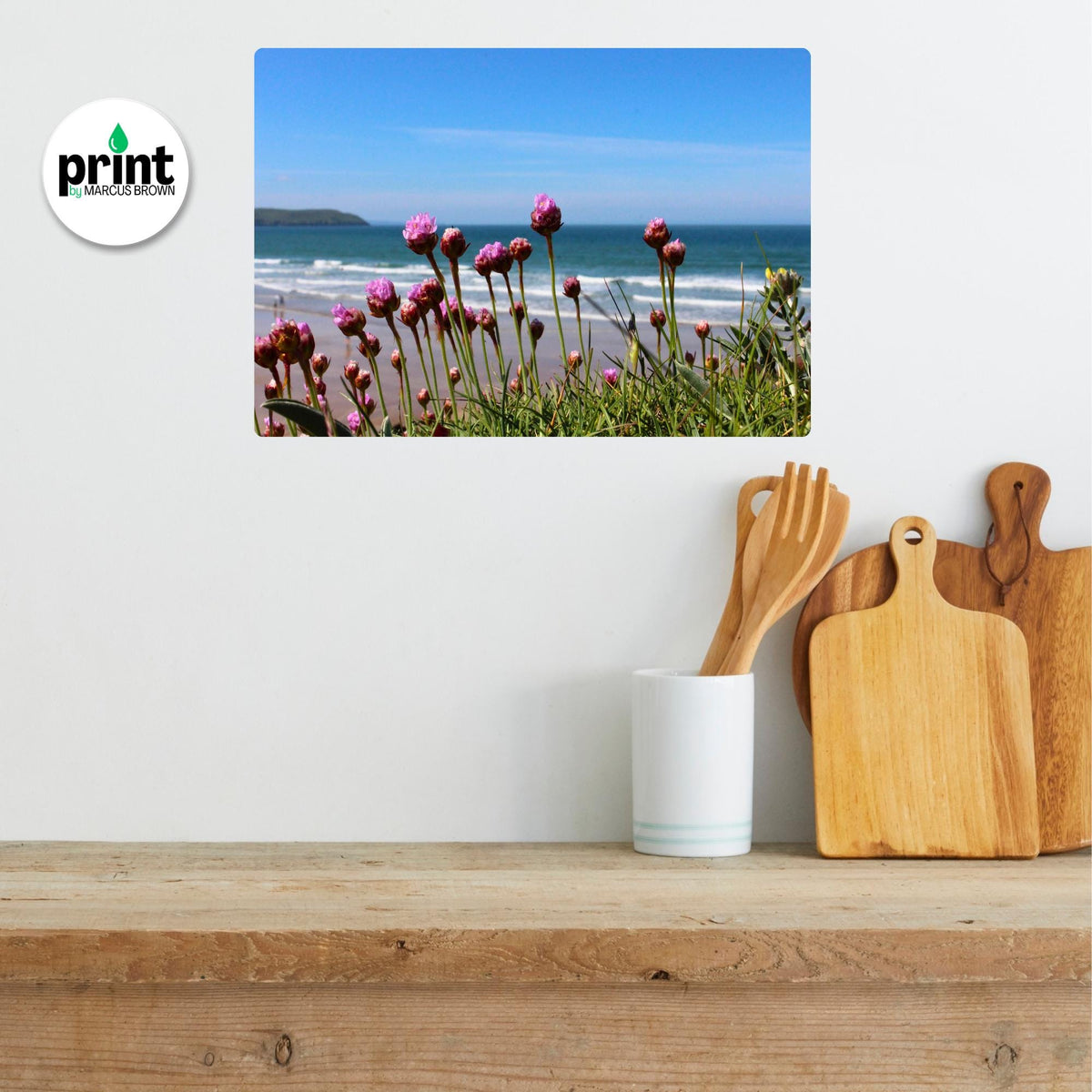 Cornwall Sea View Poster, Ragwort and Coastal Flowers (Multiple Sizes)