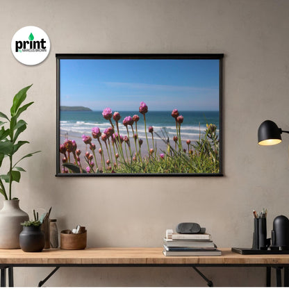 Cornwall Sea View Poster, Ragwort and Coastal Flowers (Multiple Sizes)