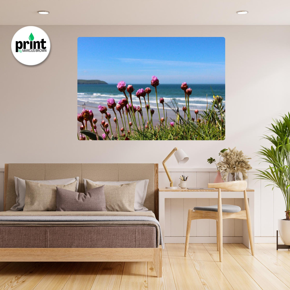 Cornwall Sea View Poster, Ragwort and Coastal Flowers (Multiple Sizes)
