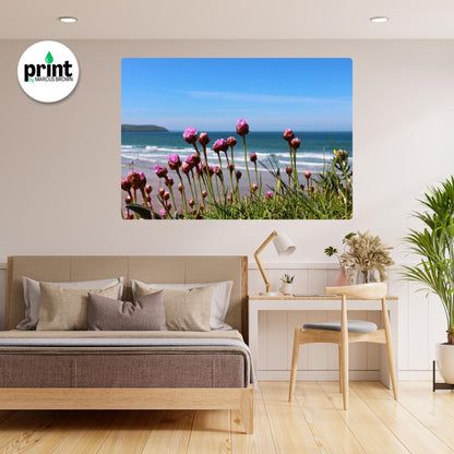 Cornwall Sea View Poster, Ragwort and Coastal Flowers (Multiple Sizes)