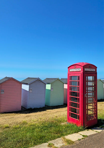 Red Phonebox and Beach Huts Poster: Devon Coastal Wall Art