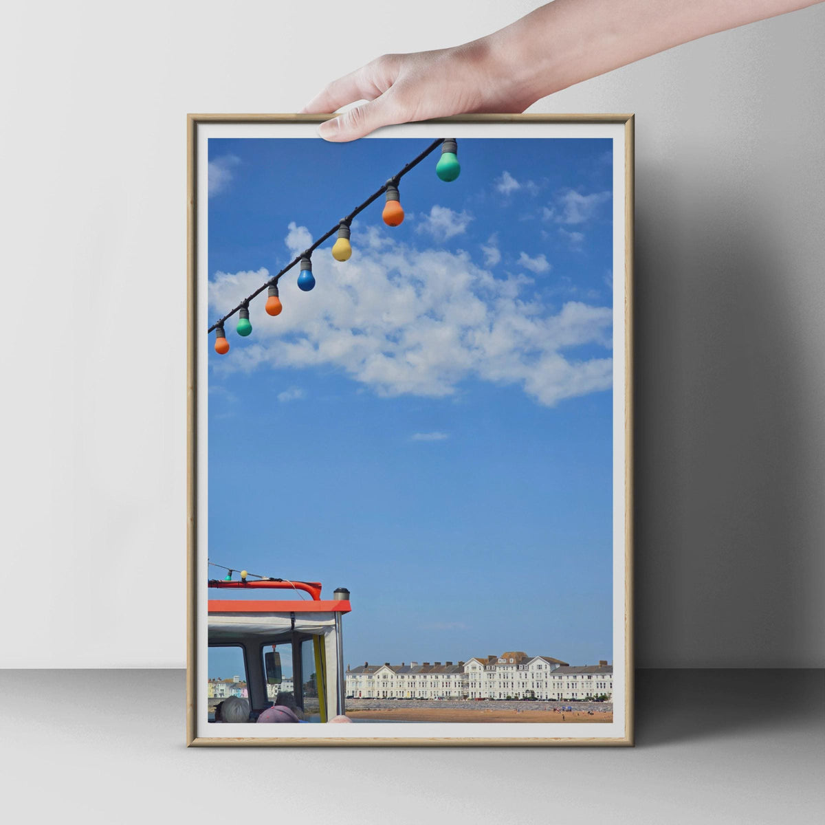 British Seaside Poster, Colourful Bunting Lights, Beach Town Print, Coastal Wall Art, Summer Holiday, UK Seafront Photo Print