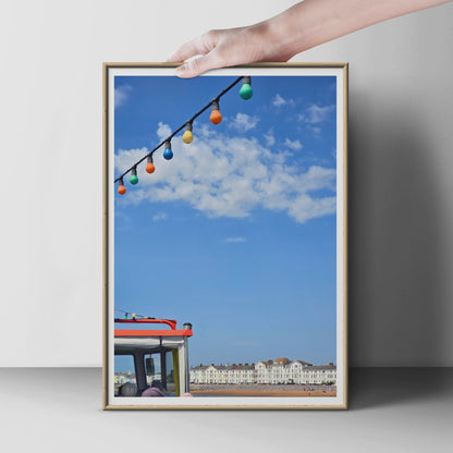 British Seaside Poster, Colourful Bunting Lights, Beach Town Print, Coastal Wall Art, Summer Holiday, UK Seafront Photo Print