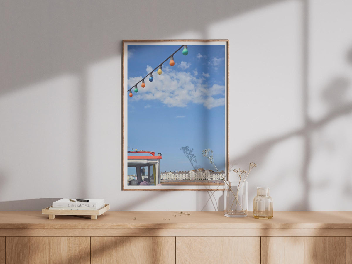 British Seaside Poster, Colourful Bunting Lights, Beach Town Print, Coastal Wall Art, Summer Holiday, UK Seafront Photo Print