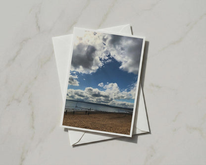 Sandy Beach Greeting Card, Dramatic Sky Coastal Scene, Seaside Card, Blue Sky Clouds