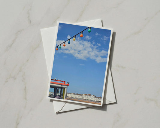 Colourful Bunting Lights Seaside Card, British Beach Summer Card, Coastal Town