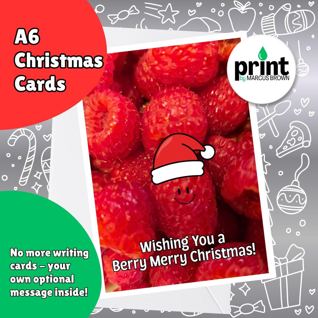 Raspberry Christmas Cards Pack | Berry Merry Christmas Card | Funny Fruit Xmas Cards | Nature Christmas Card Multipack A6