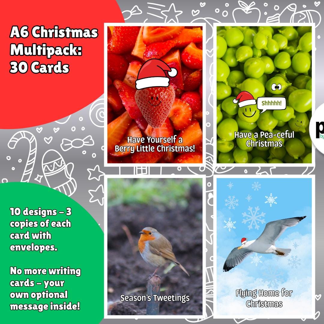 30 Christmas Cards Multipack | 10 Funny Nature Designs | 3 of Each | Christmas Card Variety Pack | Optional Printed Message A6