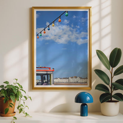 British Seaside Poster, Colourful Bunting Lights, Beach Town Print, Coastal Wall Art, Summer Holiday, UK Seafront Photo Print