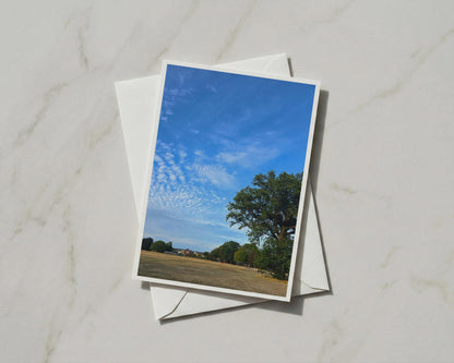 English Summer Park Card, Blue Sky Oak Tree, Countryside Village Greeting Card