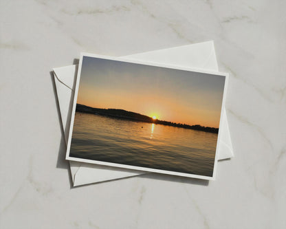 Sunset Over Water Greeting Card, Dawn Dusk Landscape A6 Card, Coastal Estuary