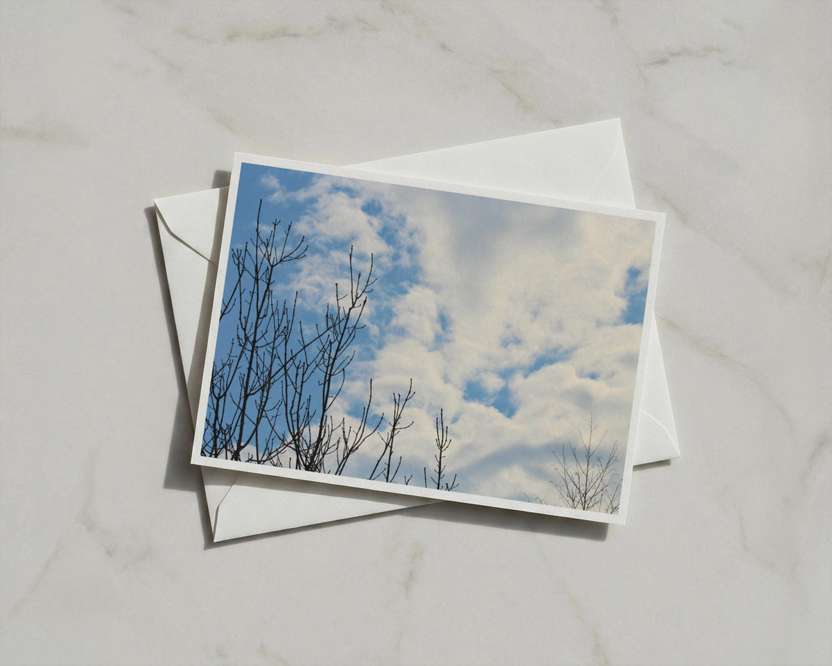 Bare Winter Trees Blue Sky Card, Nature Photography, Clouds Greeting Card A6