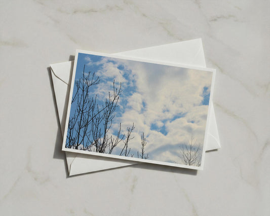 Bare Winter Trees Blue Sky Card, Nature Photography, Clouds Greeting Card A6