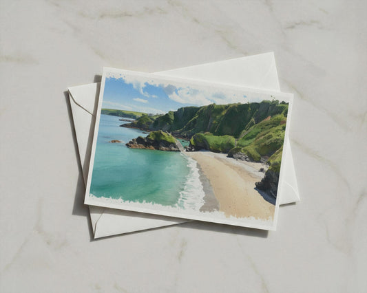 Cornwall Coastal Cove Card, Watercolour Beach Greeting Card, Turquoise Sea Cliffs Gift