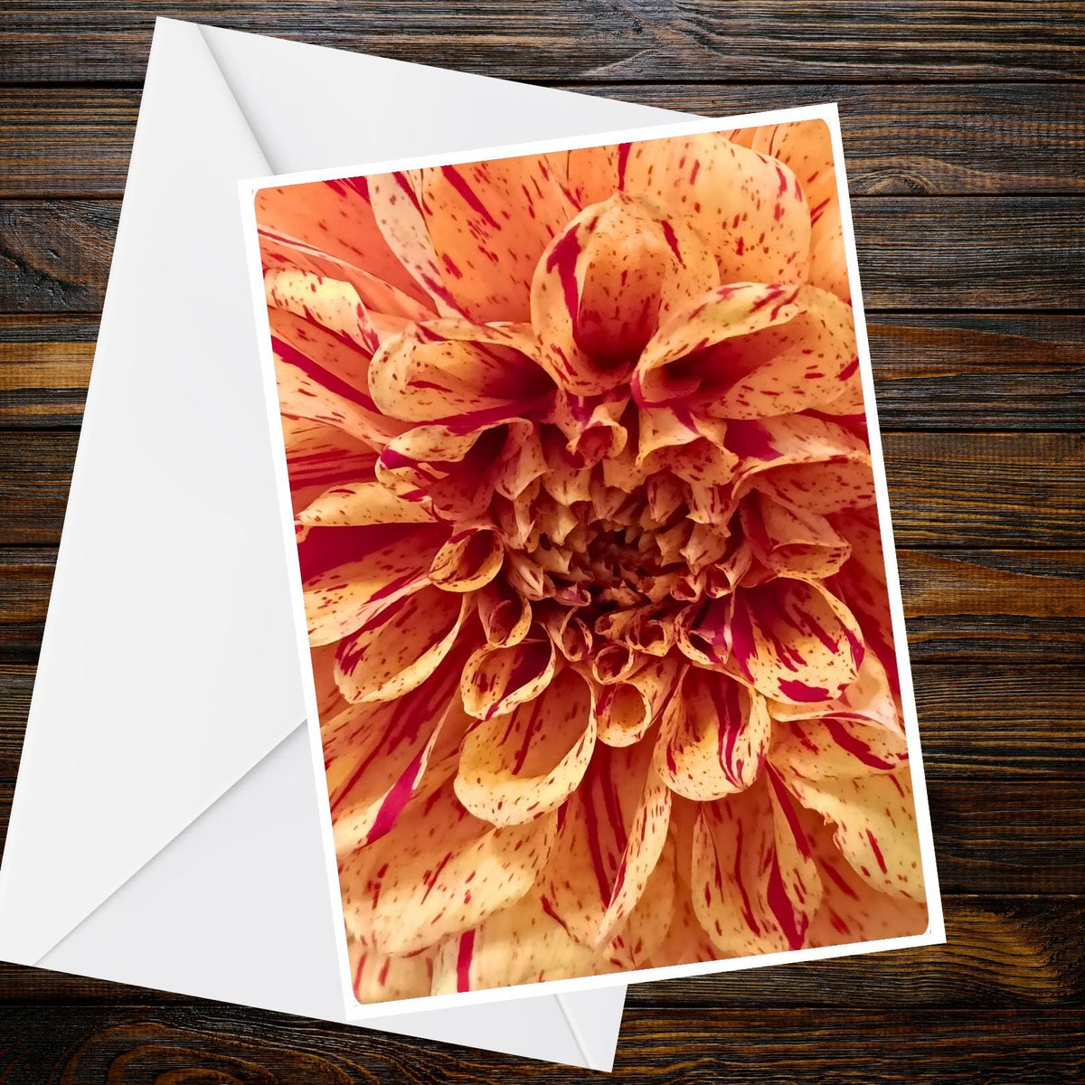 Dahlia Orange Cream Speckled with Crimson Greeting Card - Summer Flower Collection