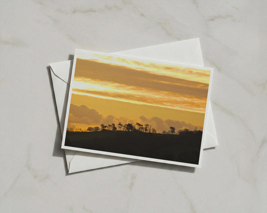 Sunset Landscape Greeting Card, Tree Silhouette Golden Sky, Dawn Dusk Nature Card