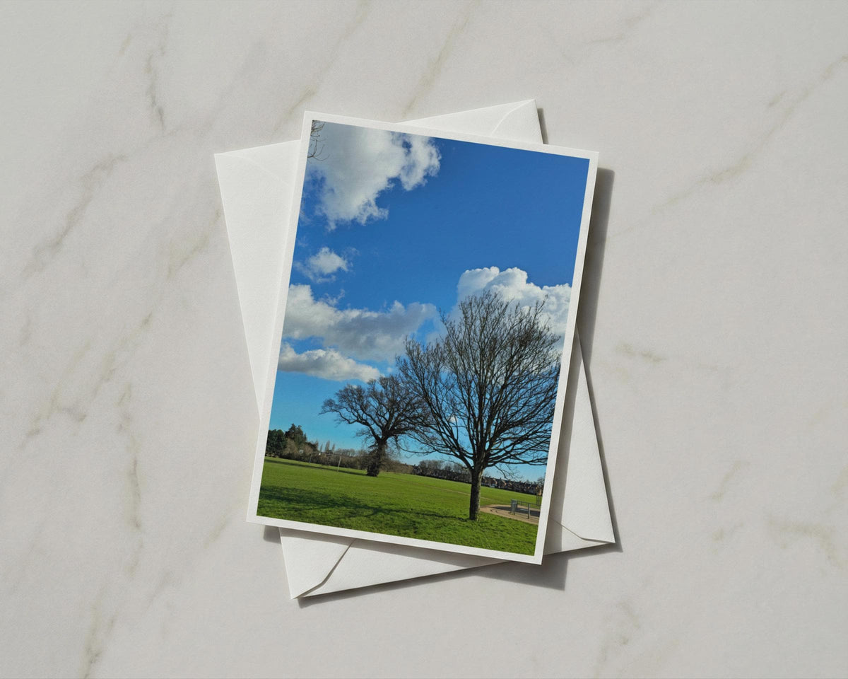 Bare Winter Trees in Park Card, Blue Sky Green Grass, British Countryside A6 Card