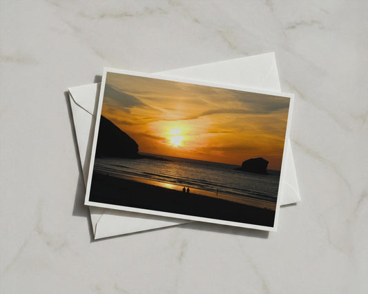 Sunset Beach Landscape Card, Coastal Silhouette, Orange Sky, Seaside Greetings Card