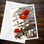 Red Poppies Greeting Card – Backlit Floral Photo, Golden Hour Water Reflections (A6)