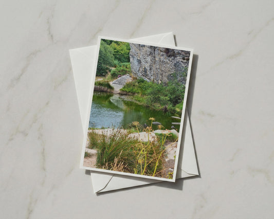 Granite Quarry Pool Card, Rocky Landscape, Green Nature Photography, Blank A6 Card
