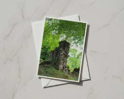 Ancient Stone Ruins in Forest Card, Mossy Wall Trees Nature, Woodland Greeting Card