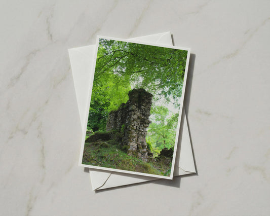 Ancient Stone Ruins in Forest Card, Mossy Wall Trees Nature, Woodland Greeting Card