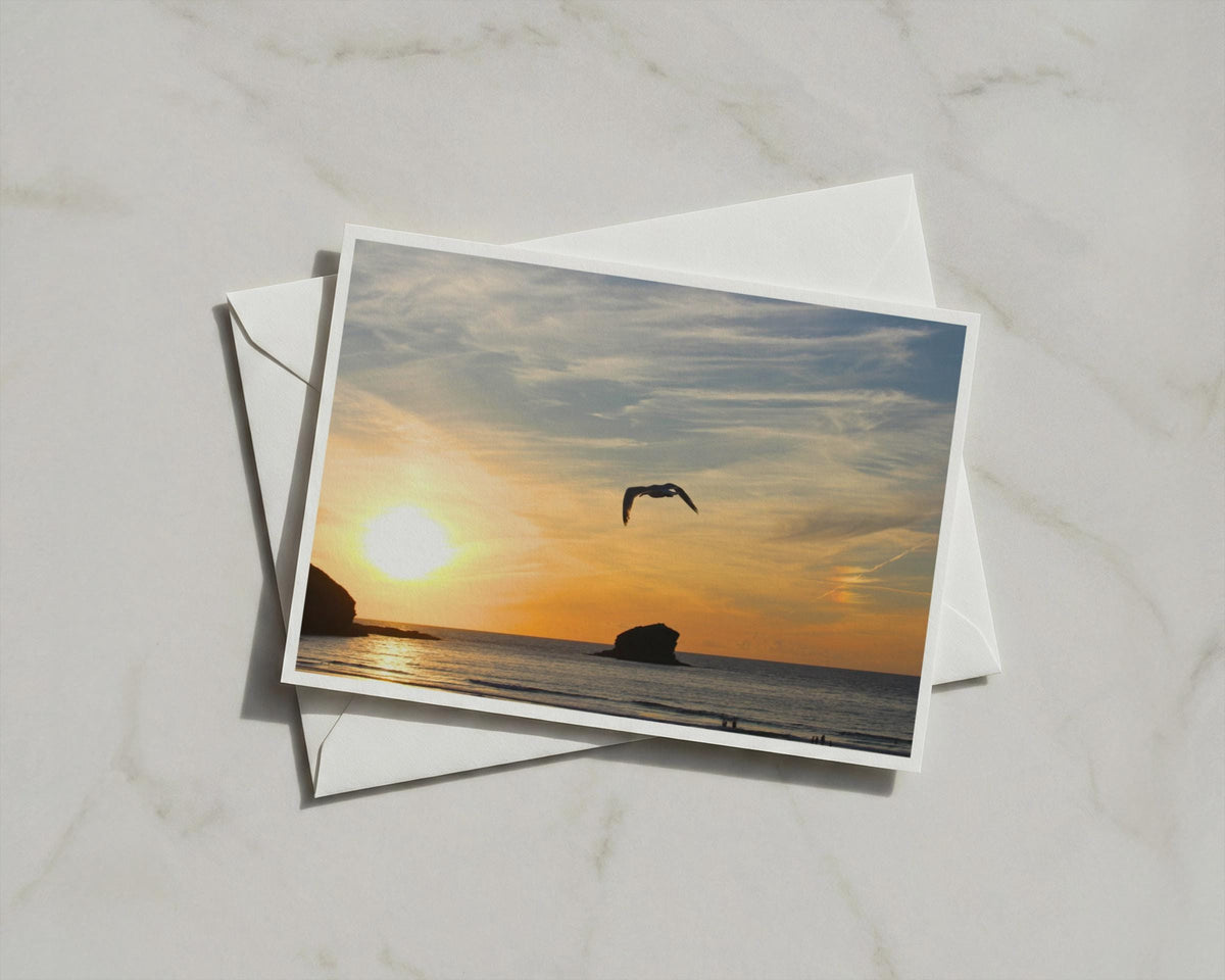 Seagull Sunset Coastal Card, Ocean Dusk Seascape, Flying Bird Beach A6 Card