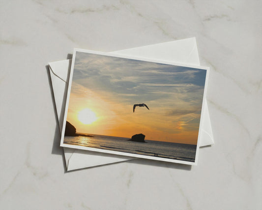 Seagull Sunset Coastal Card, Ocean Dusk Seascape, Flying Bird Beach A6 Card