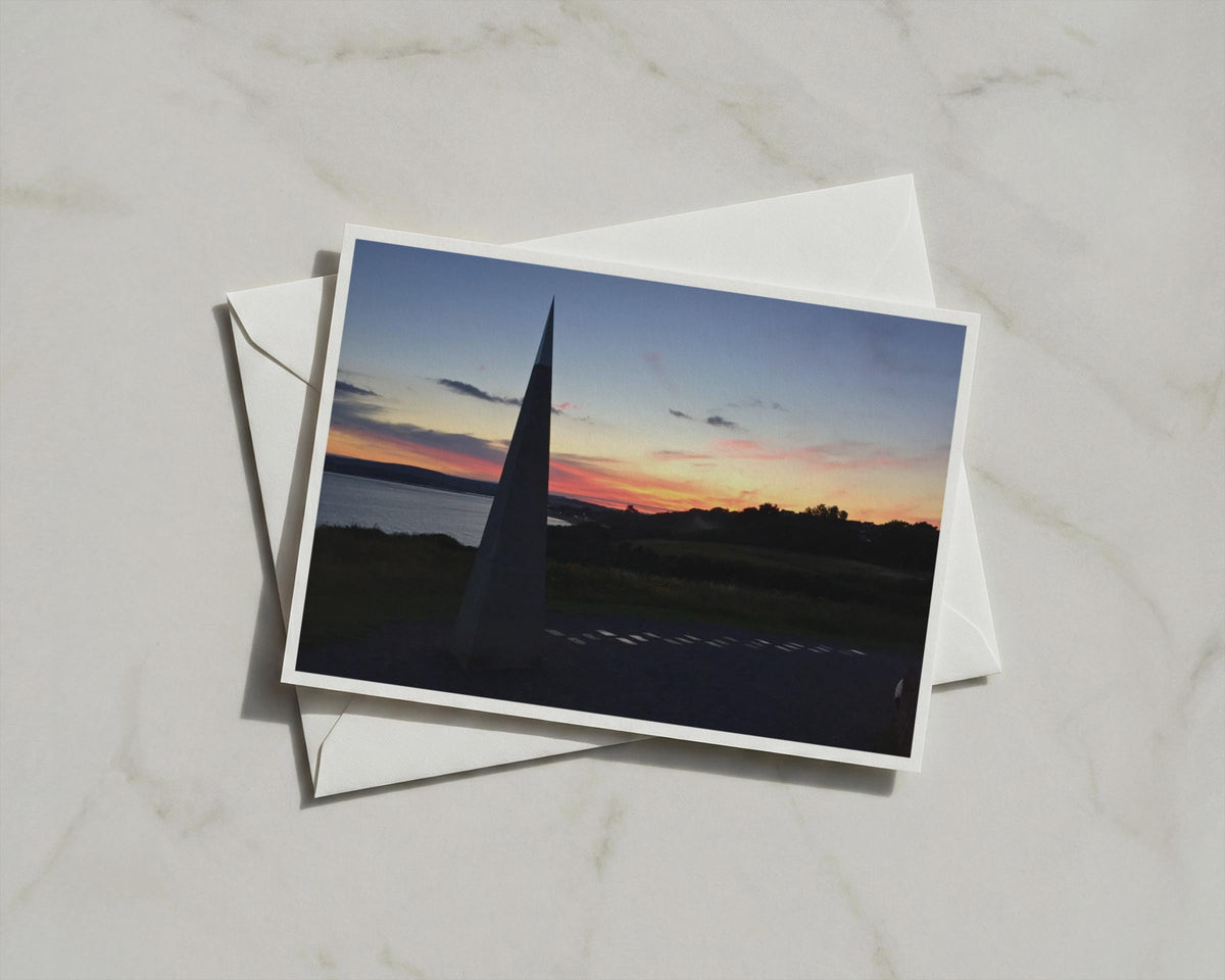 Sunset Coastal Landscape Card, Obelisk Silhouette, Dusk Sky, Seaside Greeting Card