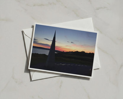 Sunset Coastal Landscape Card, Obelisk Silhouette, Dusk Sky, Seaside Greeting Card