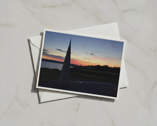 Sunset Coastal Landscape Card, Obelisk Silhouette, Dusk Sky, Seaside Greeting Card