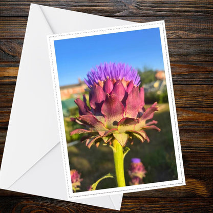 Artichoke Bloom Golden Hour Card, Botanical Greeting, Hope Prosperity, Handmade Floral Note, Garden Lover Gift, FSC Certified, Blank Inside