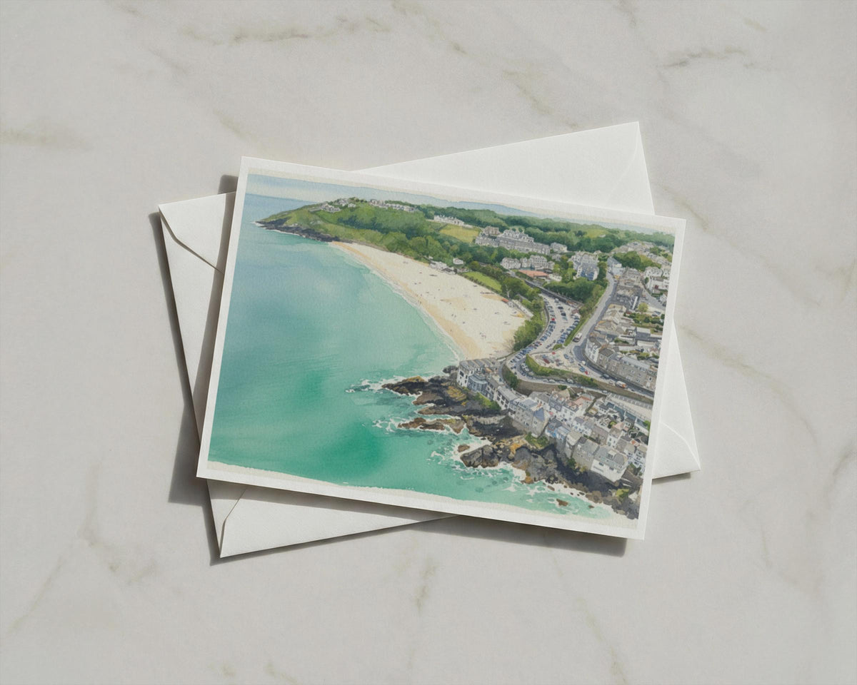 Cornwall Coastal Town Card, Watercolour Beach Scene, St Ives Aerial View, Seaside Greeting Card